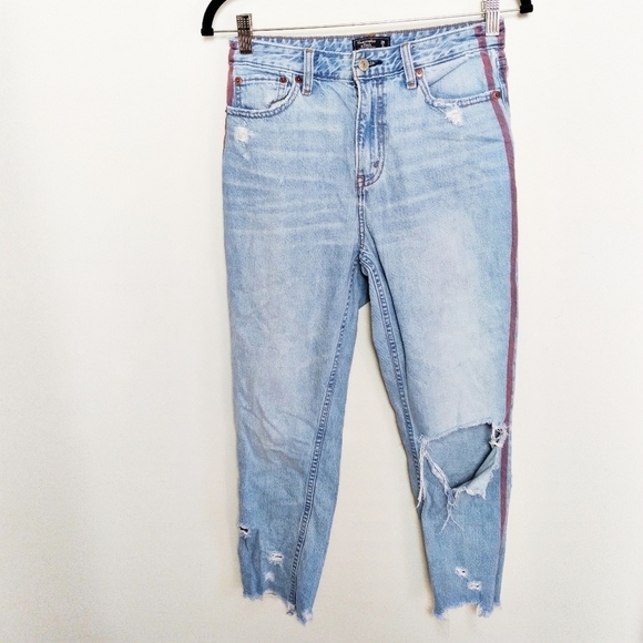 Abercrombie & Fitch Annie High Rise Light Wash Red Stripe Girlfriend Jeans - Picture 1 of 8